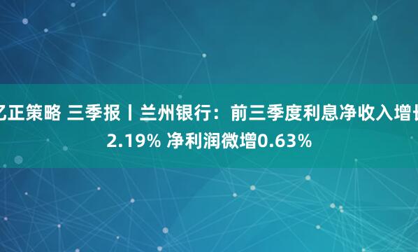 亿正策略 三季报丨兰州银行：前三季度利息净收入增长2.19% 净利润微增0.63%